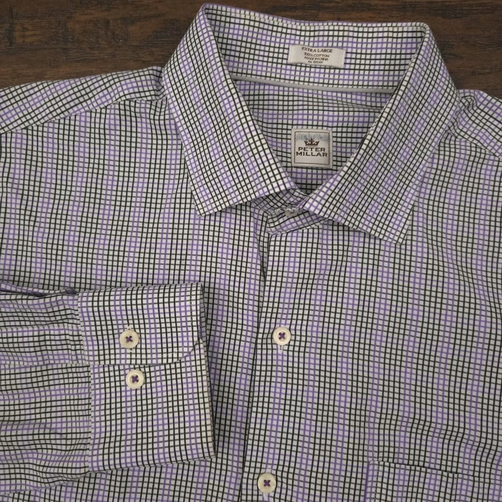 Peter Millar Mens XL White Purple Black Grid Plaid‎ Button Up Shirt Long Sleeve